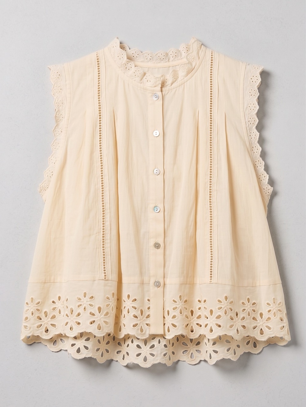Eyelet Sleeveless Blouse - Fall, yellow, spring, summer, lace, button up